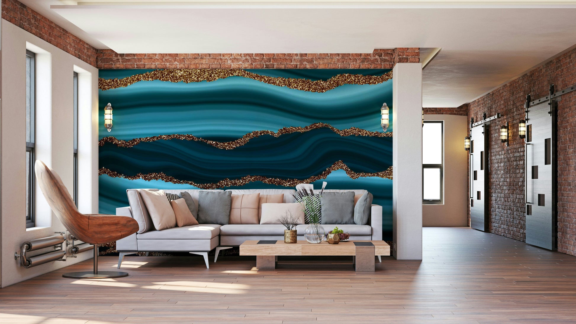 A close-up of the delicate gold and teal texture.

