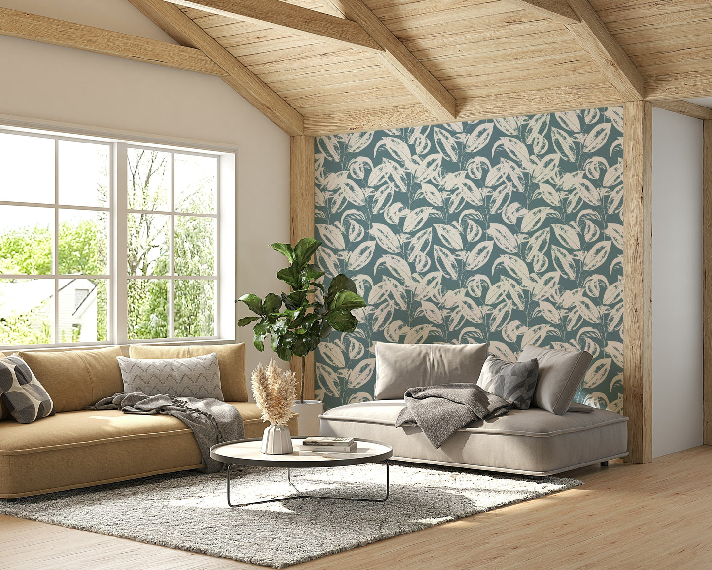 A full-wall mural showing a pattern of bright leaves.
