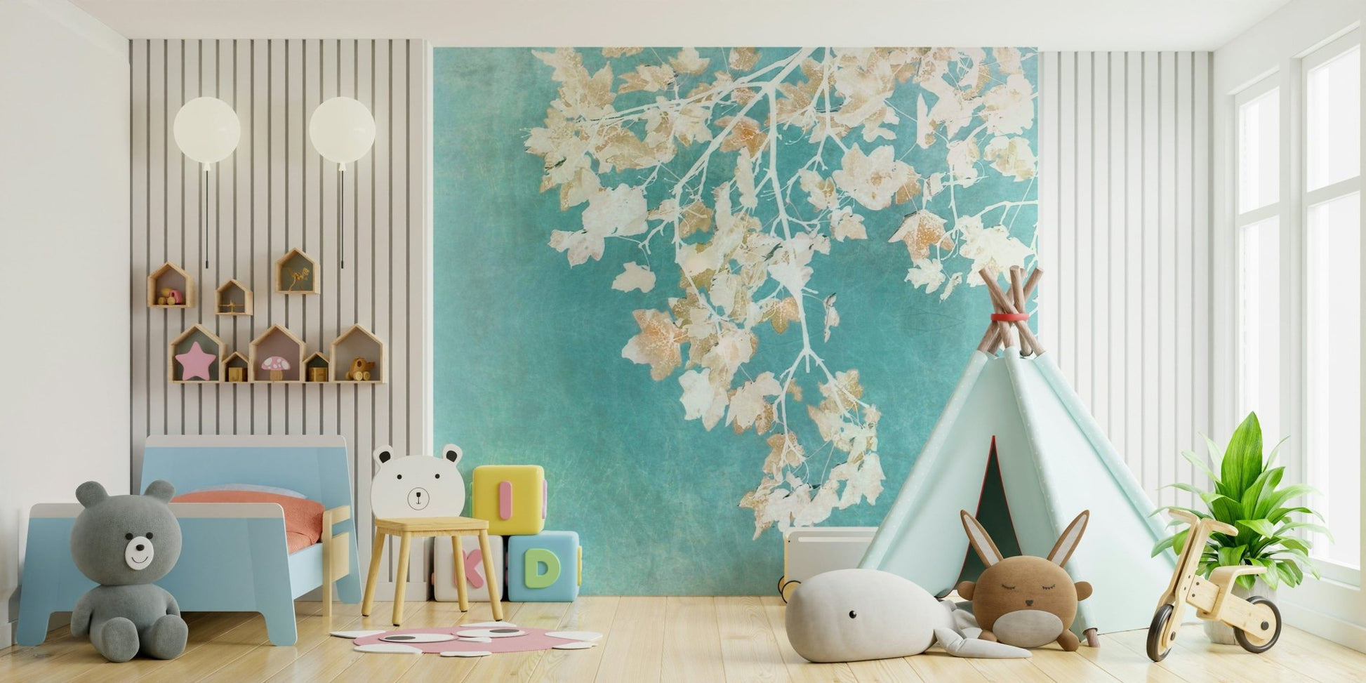 Teal Leaf Whispers botanical wallpaper for walls ethereal aquamarine foliage.