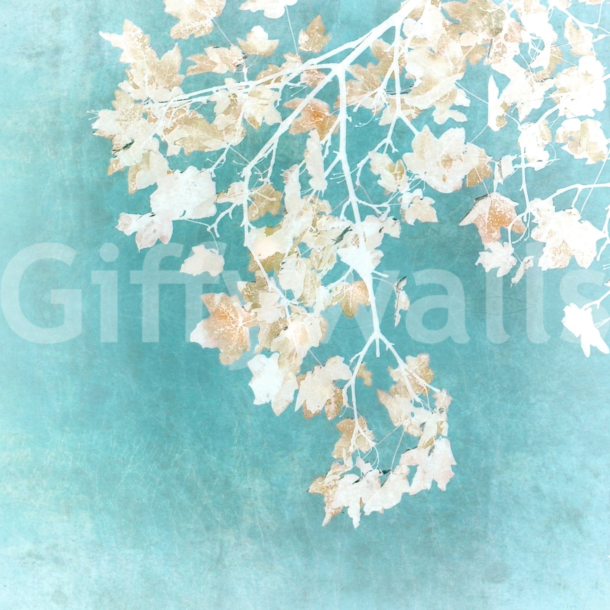 Rustic cerulean Teal Leaf Whispers wallpaper mural frosted leaf design.