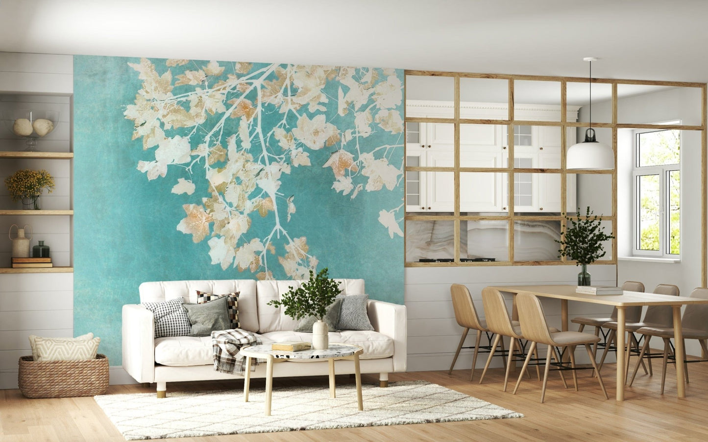 Teal Leaf Whispers elegant seafoam wallpaper for walls plant shadows.