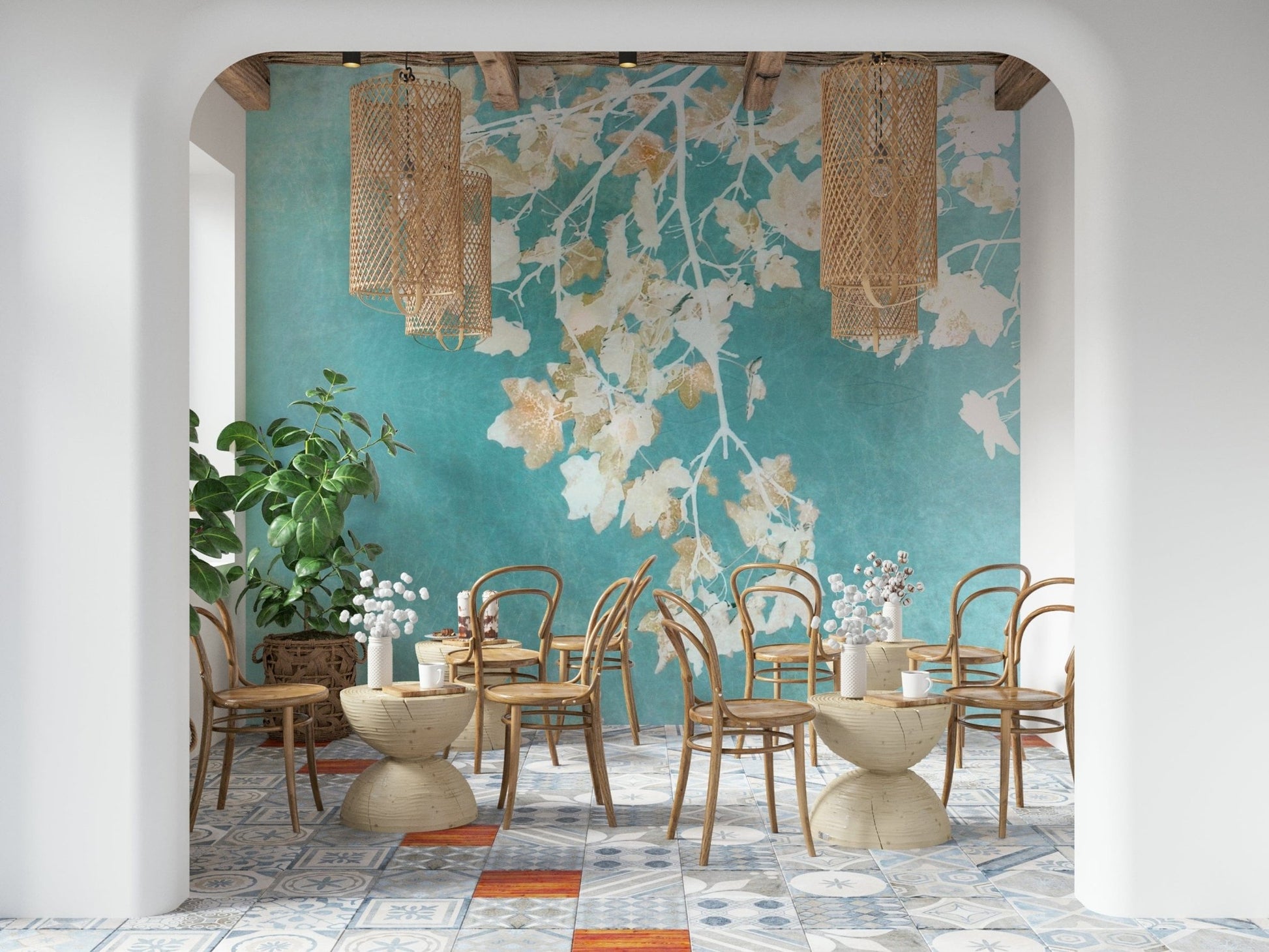 White leaf outlines Teal Leaf Whispers peel and stick wallpaper blue.