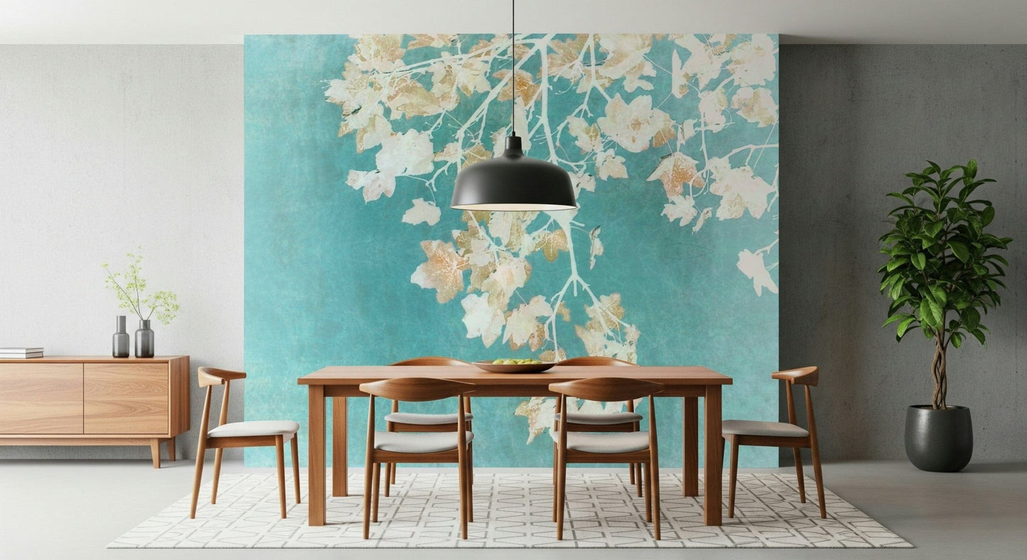 Faded maple silhouettes Teal Leaf Whispers peel and stick wallpaper.