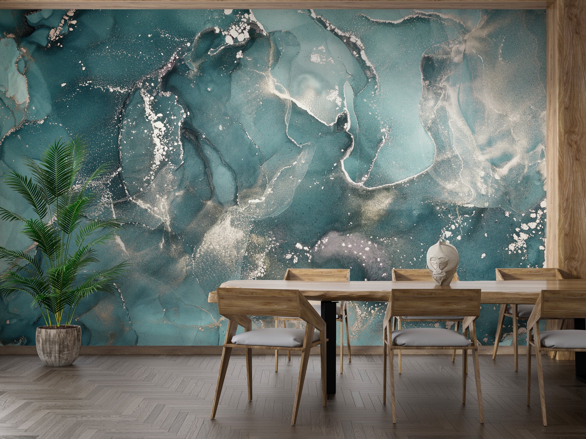 Teal Colored Marble wallpaper mural shown as a full feature wall that highlights the design