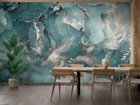 Teal Colored Marble wallpaper mural shown as a full feature wall that highlights the design