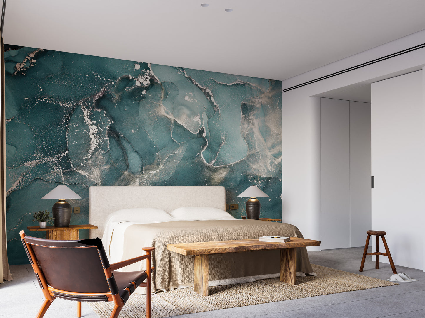 Teal Colored Marble wallpaper mural styled along a hallway feature wall near a console in blue tones