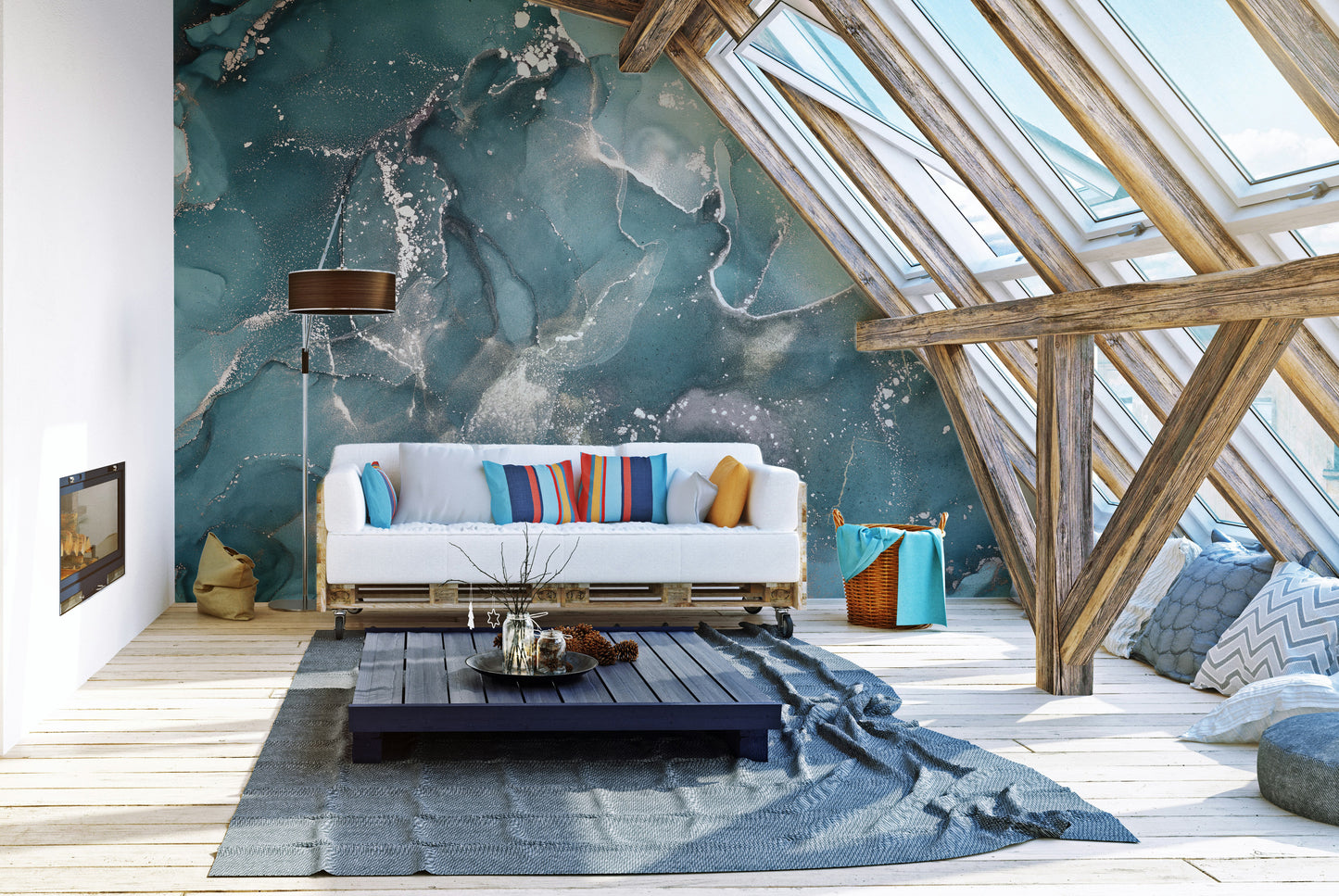 Teal Colored Marble wallpaper mural as a feature wall in a home office workspace in blue tones
