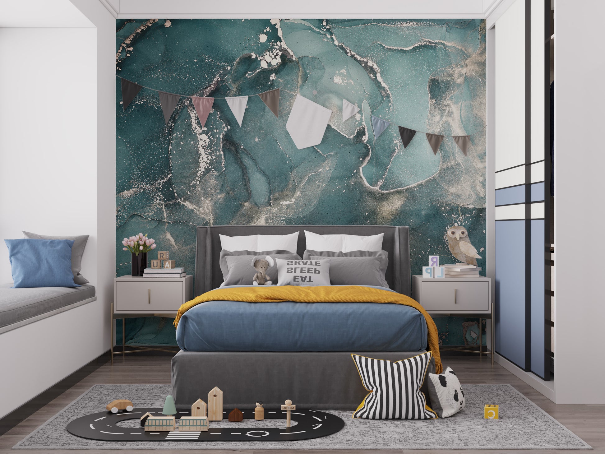 Teal Colored Marble wallpaper mural styled as a feature wall behind a dining table and chairs in blue tones