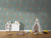 Teal Oceanic Wonders wall mural beside a white teepee, dresser and wooden shark toy