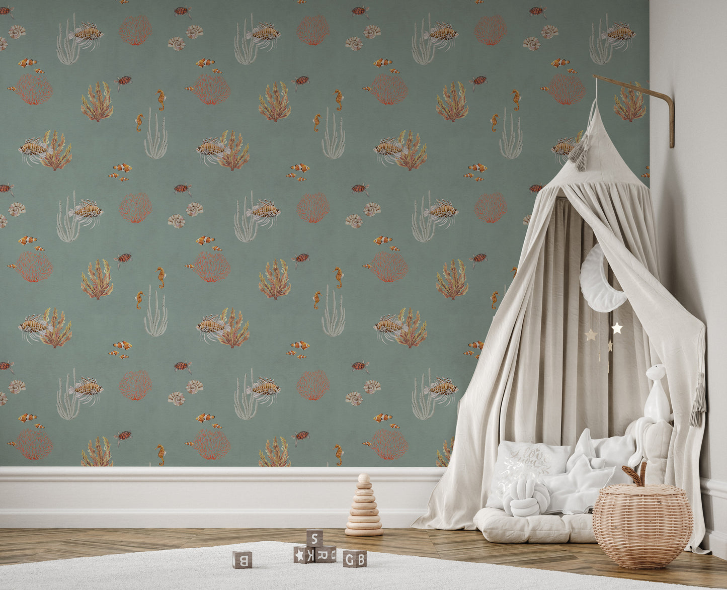 Teal Oceanic Wonders wall mural beside a cream canopy bed and white swan plush in a kids room