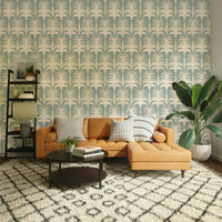 An artistic lush foliage mural on minimalist wallpaper.

