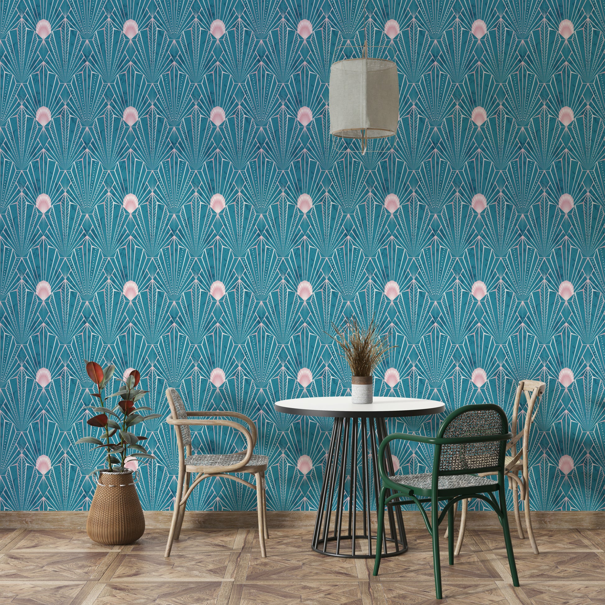 Glamorous geometric mural with rose gold and teal tones


