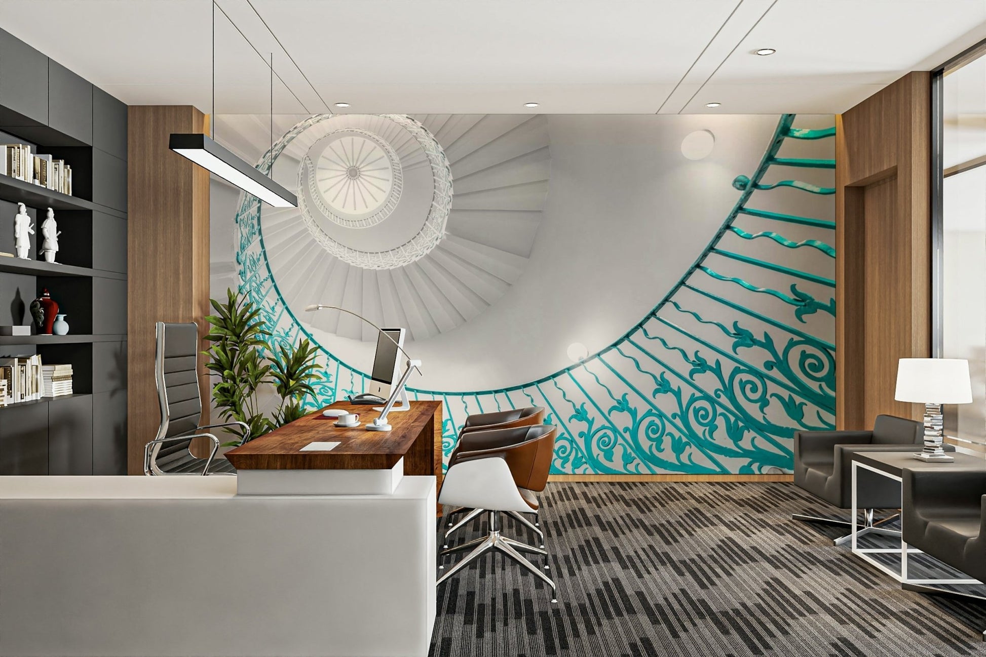 ornate teal railing on a white staircase

