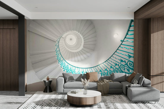 Teal Staircase Symphony wallpaper mural of a white spiral staircase with ornate teal railing above a grey sofa in a lounge