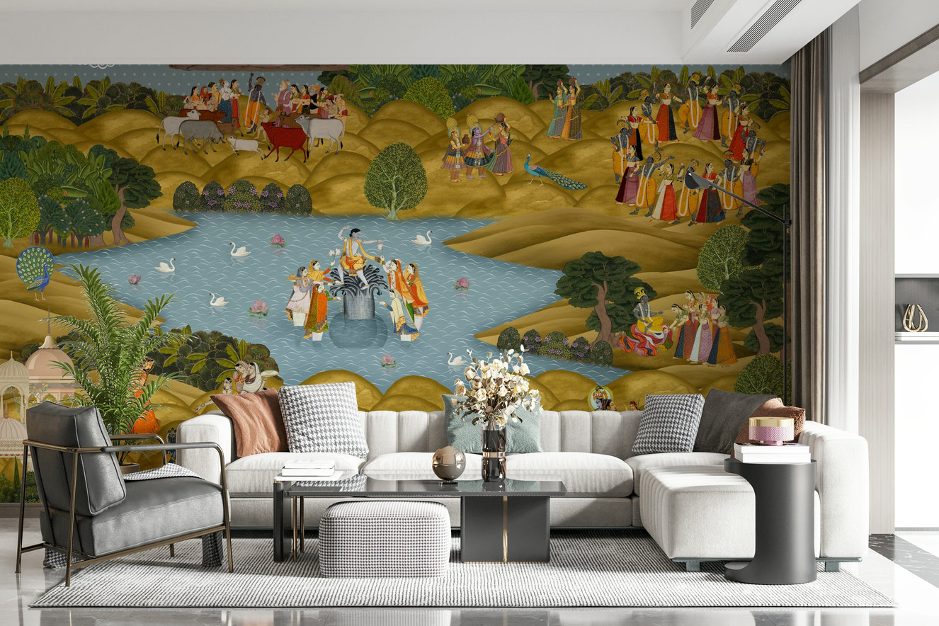 Teal Tapovan wall mural with nature-inspired pattern in teal tones