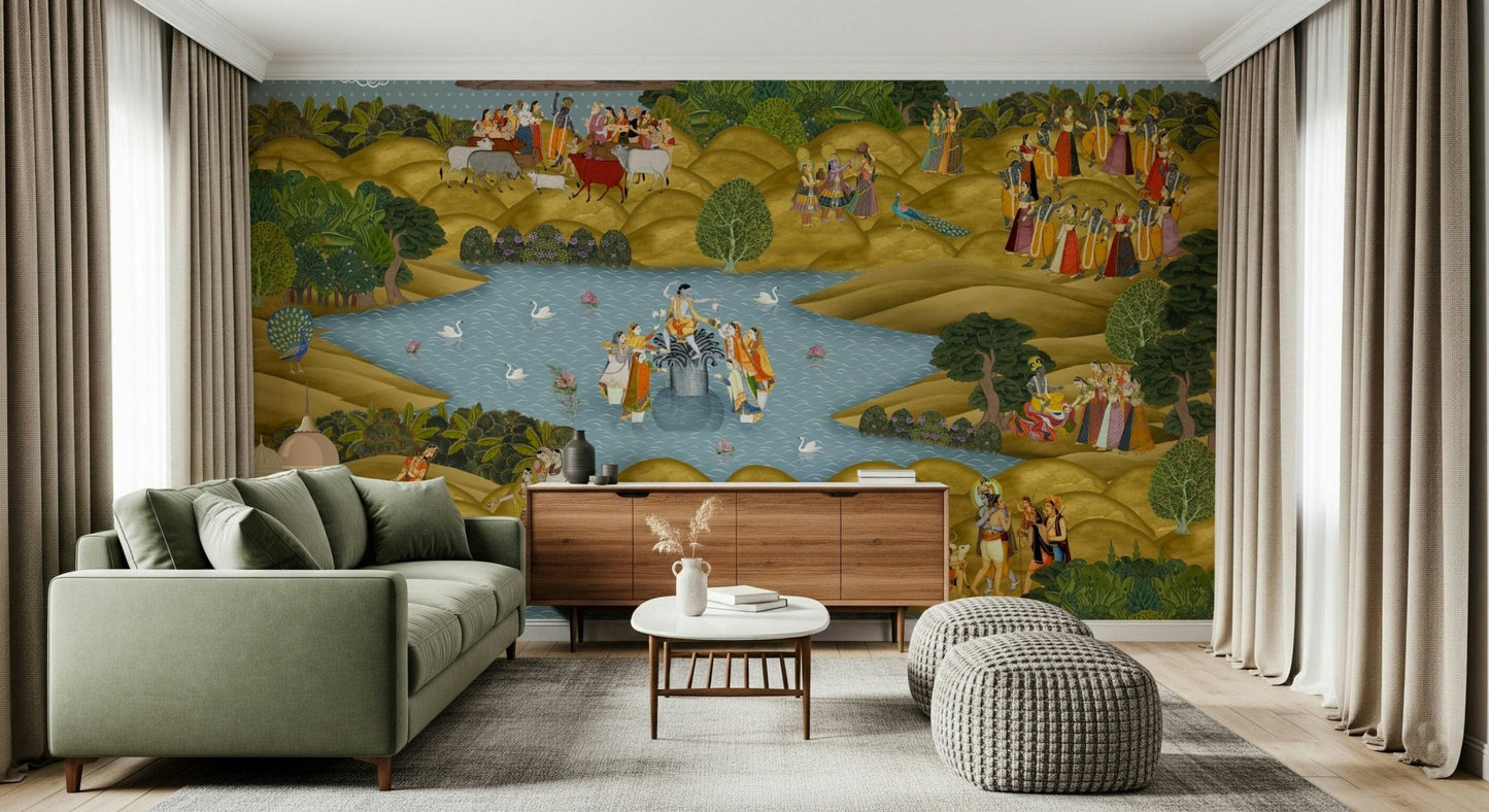 Teal Tapovan wall mural detail showing foliage and fine textures