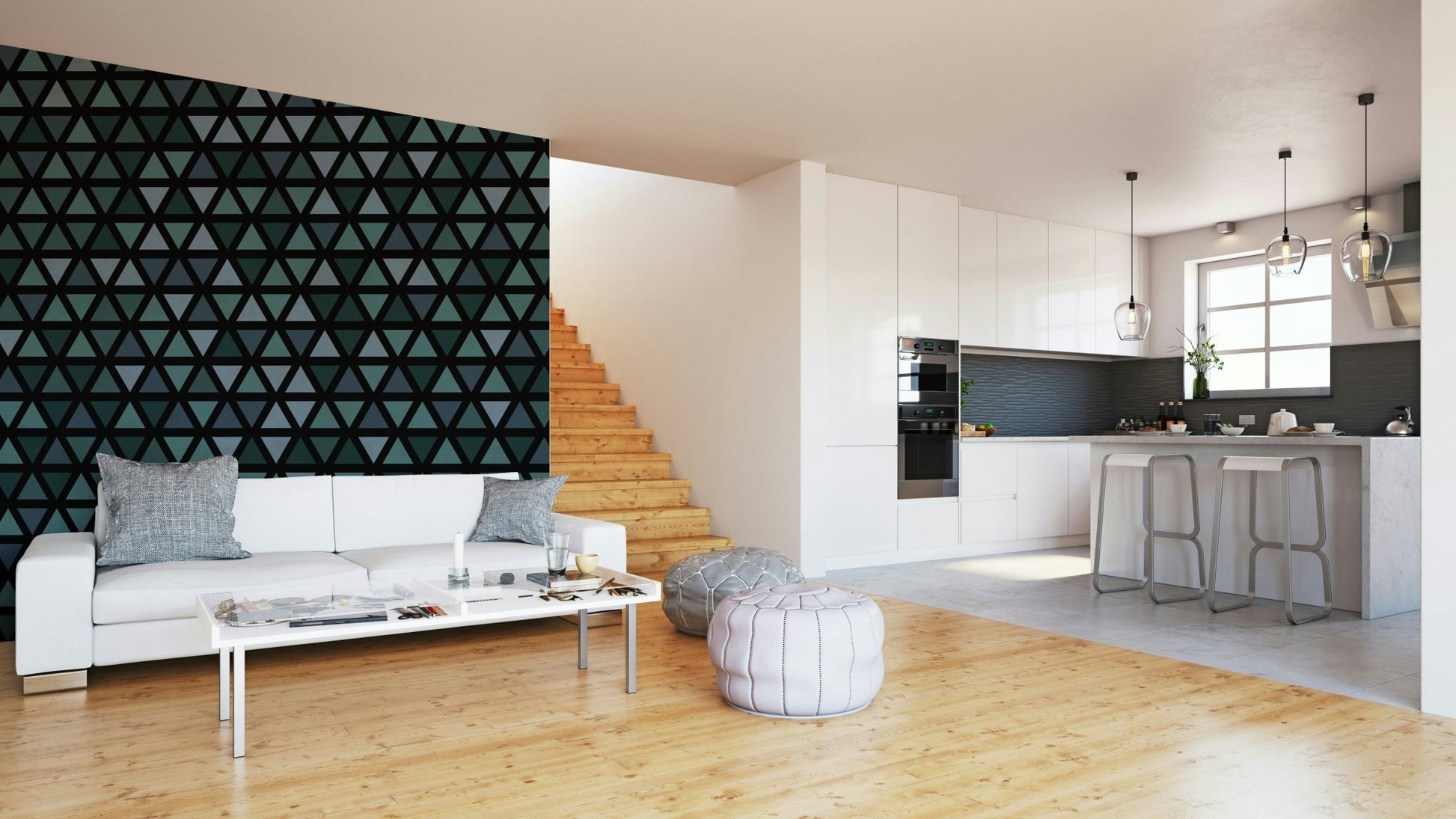 Teal and aqua geometric mural wallpaper with clean lines.

