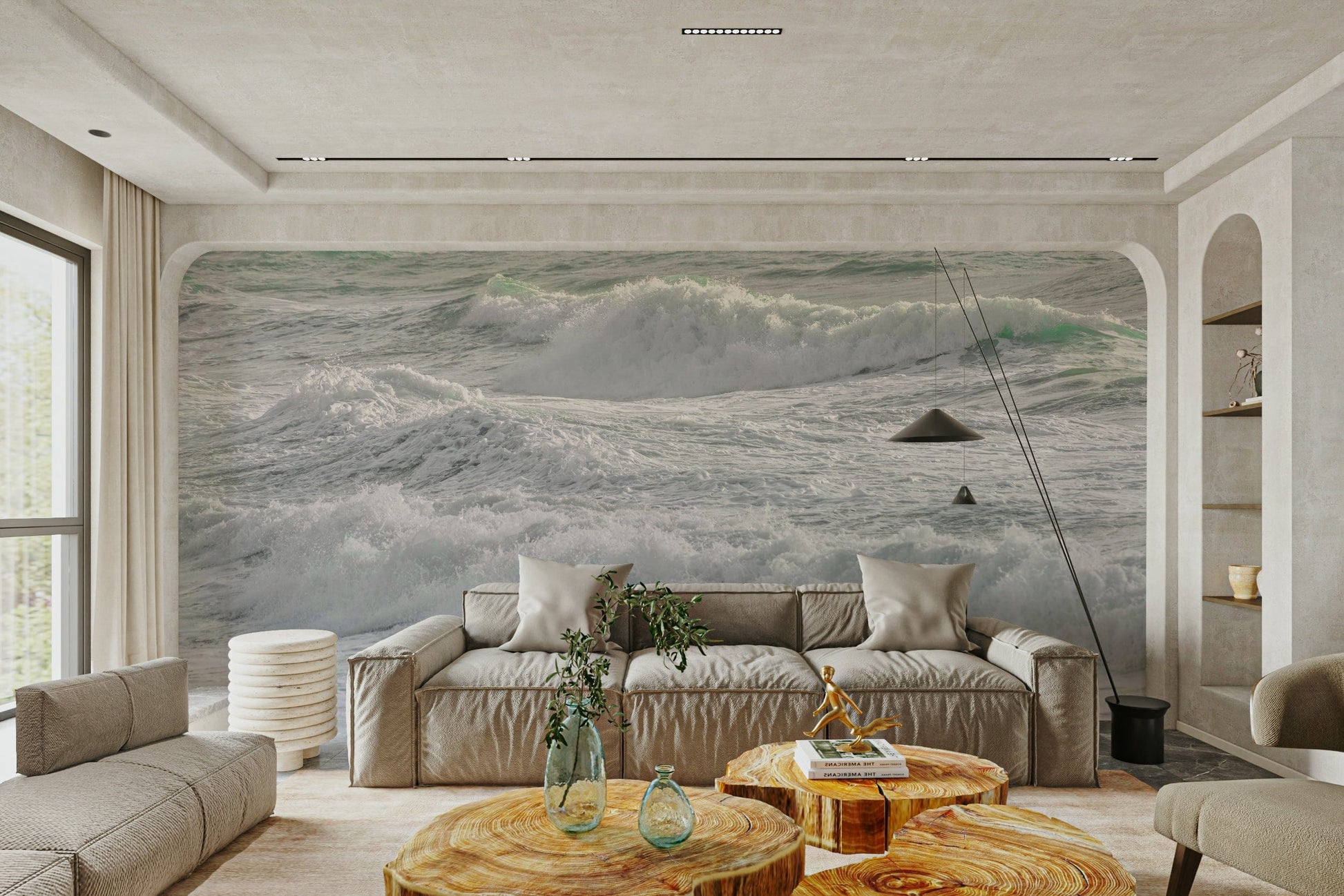 The wallpaper is used as a feature wall in a bedroom.

