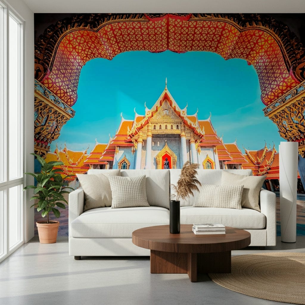Temple of Dawn wallpaper mural framing an ornate Thai marble temple behind a white sofa in a bright living room