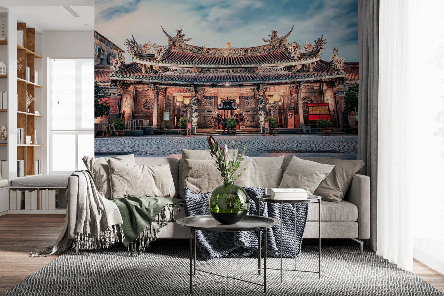 Scenic temple wall mural anchors stylish lounge