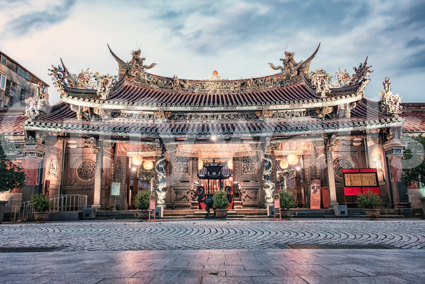 Temple Twilight mural shown as a full-wall scene of an ornate Asian temple with red lanterns at dusk