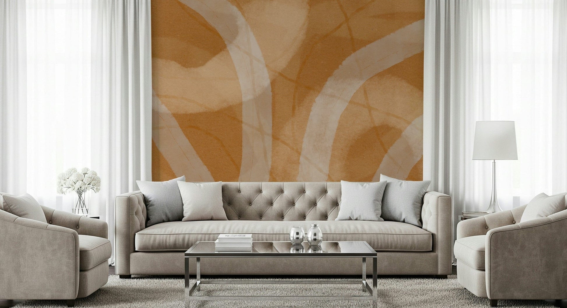 A peaceful modern abstract mural on decorative wallpaper.