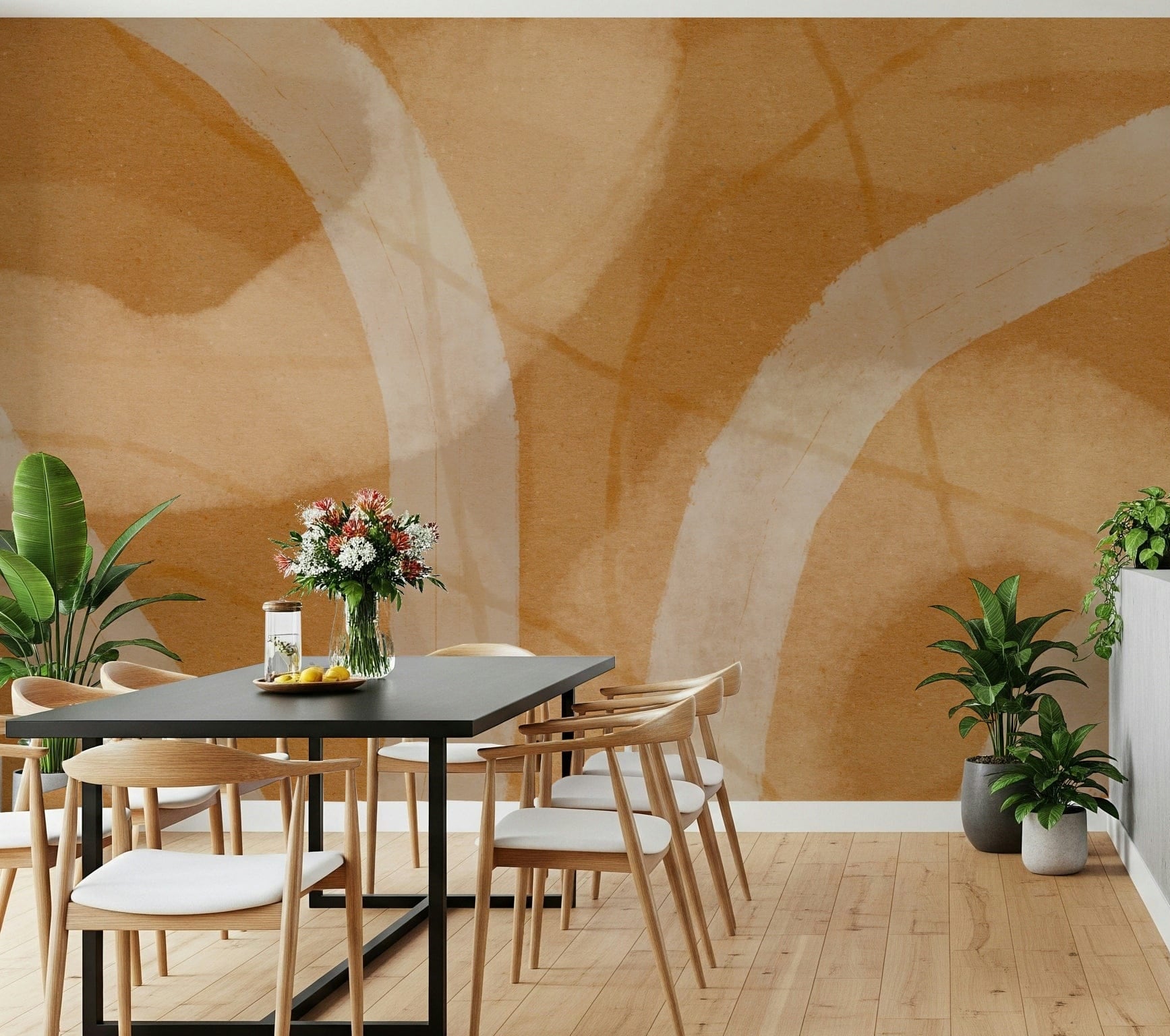 An artistic modern pattern mural on minimalist wallpaper.