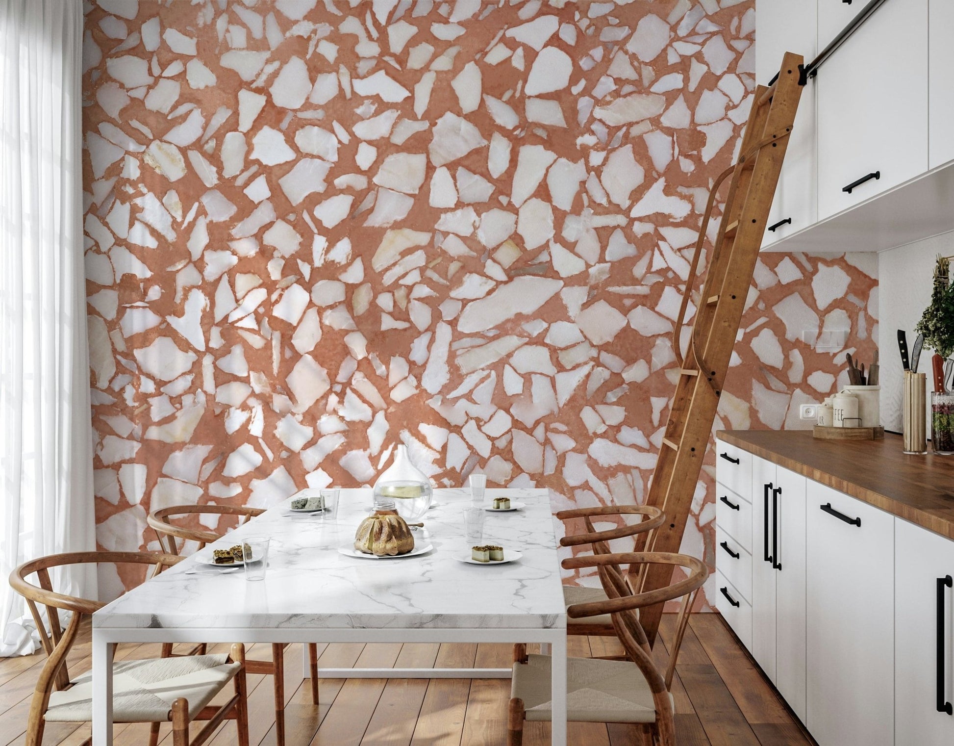 Rich terra-cotta natural wallpaper. Intense marble chip pattern.
