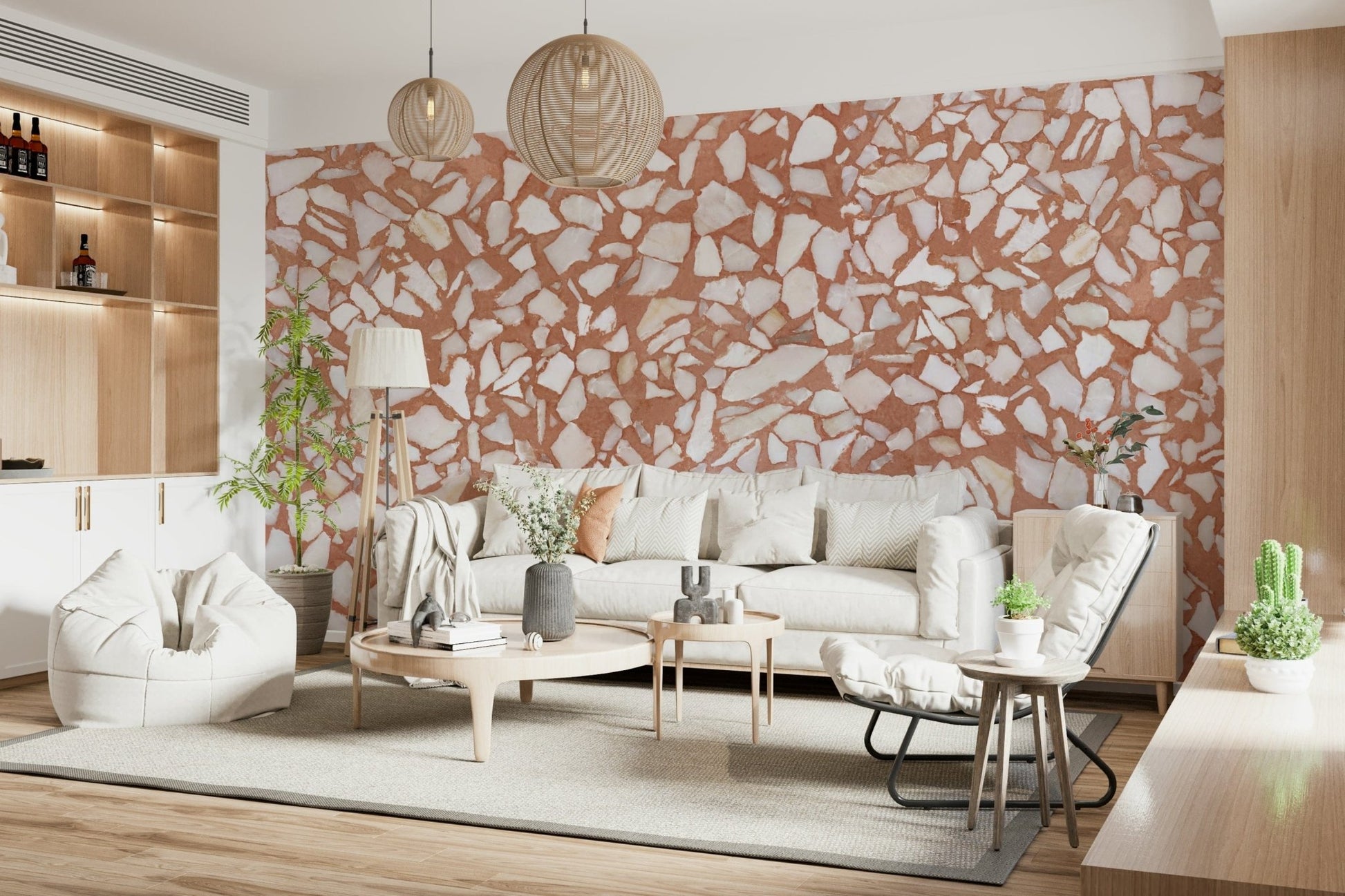 Artisan stone terrazzo mural. Crisp white pieces scattered.
