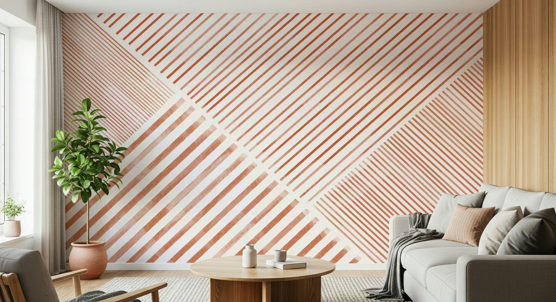 A graceful subtle stripe wall mural in warm, earth tones.