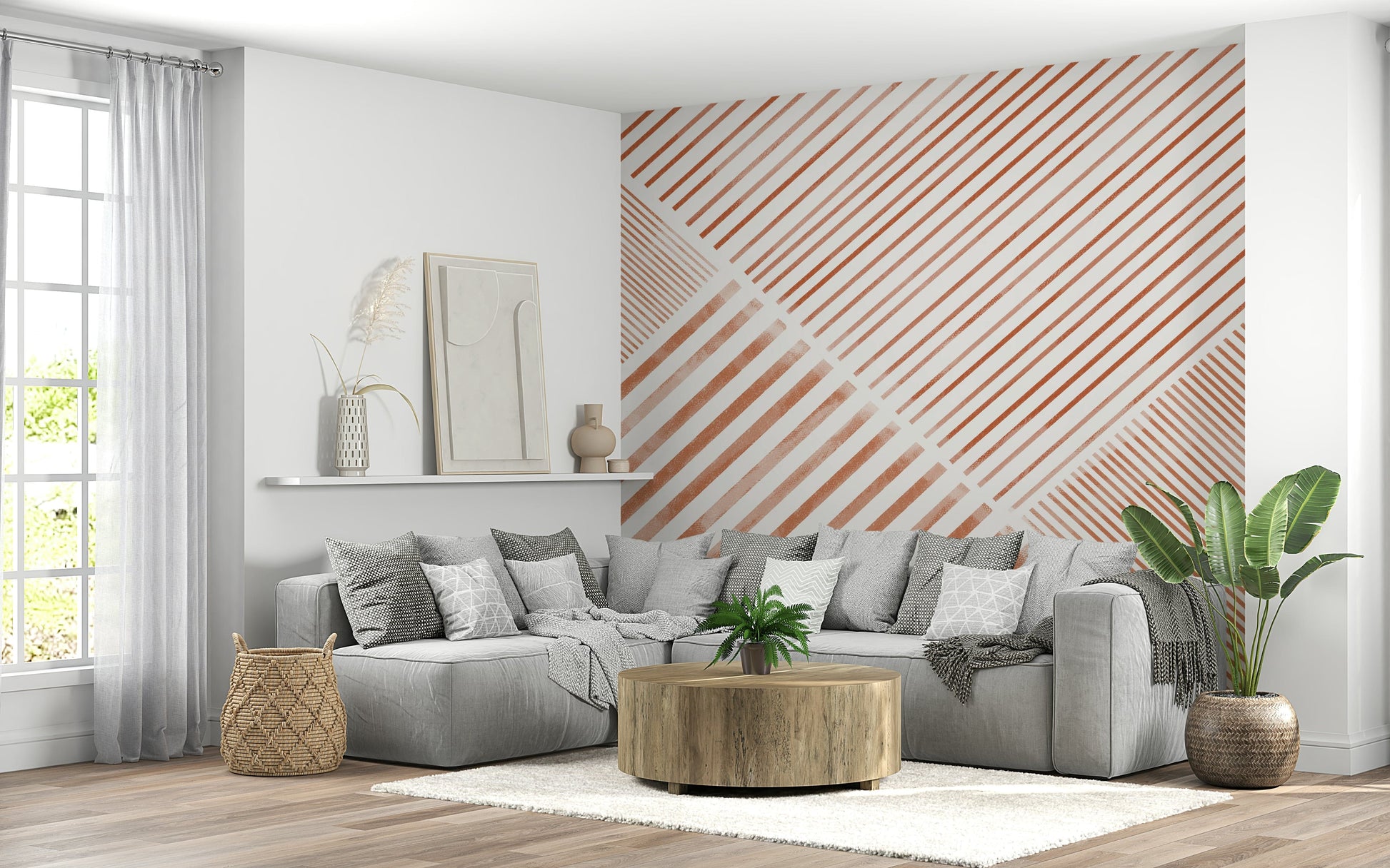 A beautiful terracotta stripe wallpaper mural for a modern home.