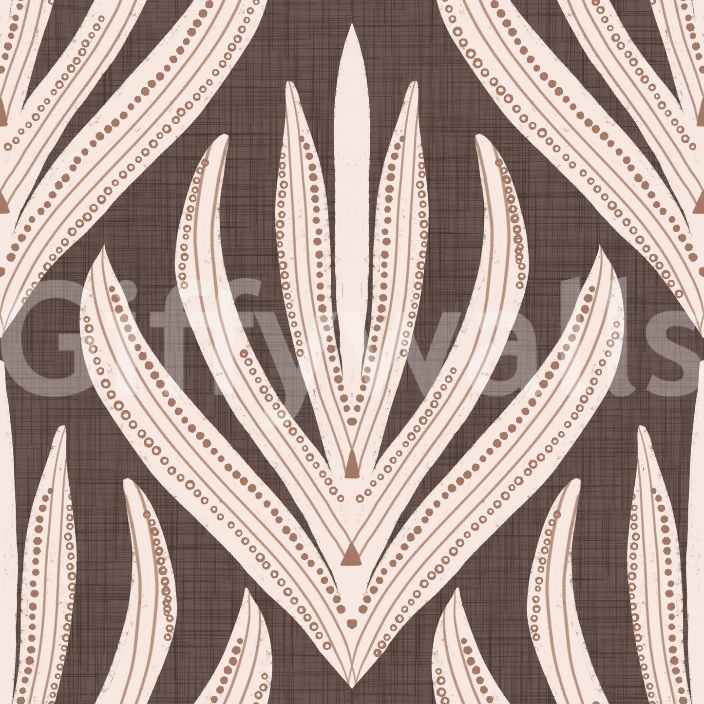 Decorative wallpaper featuring cream and terracotta leaf illustrations on a natural brown background.