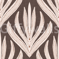 Decorative wallpaper featuring cream and terracotta leaf illustrations on a natural brown background.