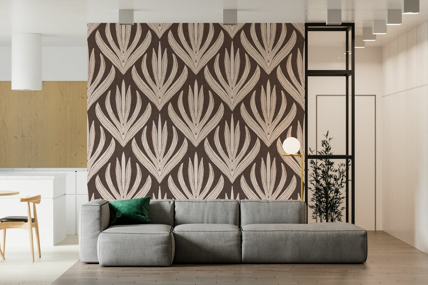 Symmetrical bohemian wallpaper mural with large decorative leaf patterns arranged in a repeating layout.