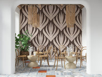 Botanical bohemian wallpaper featuring stylized cream leaves with terracotta accents on a brown base.