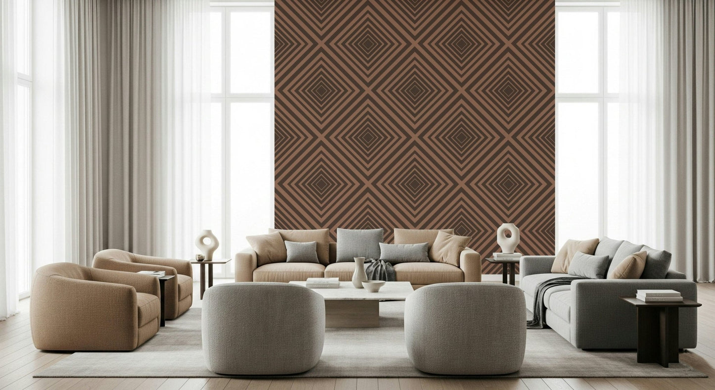 Abstract wallpaper, symmetrical Terra Lines v-shapes, captivating interior accent.