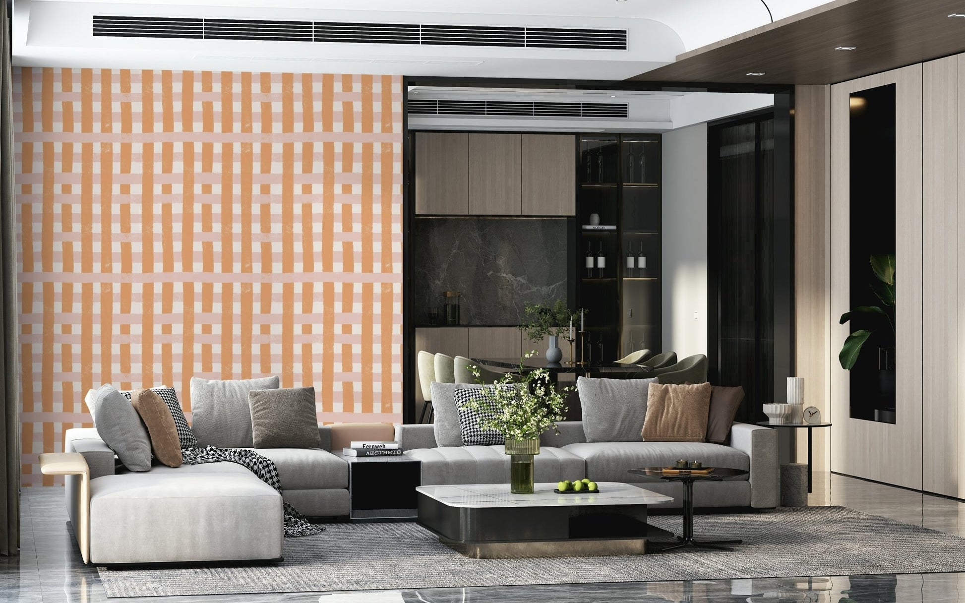 Bold terracotta stripes alternating with soft neutral lines.