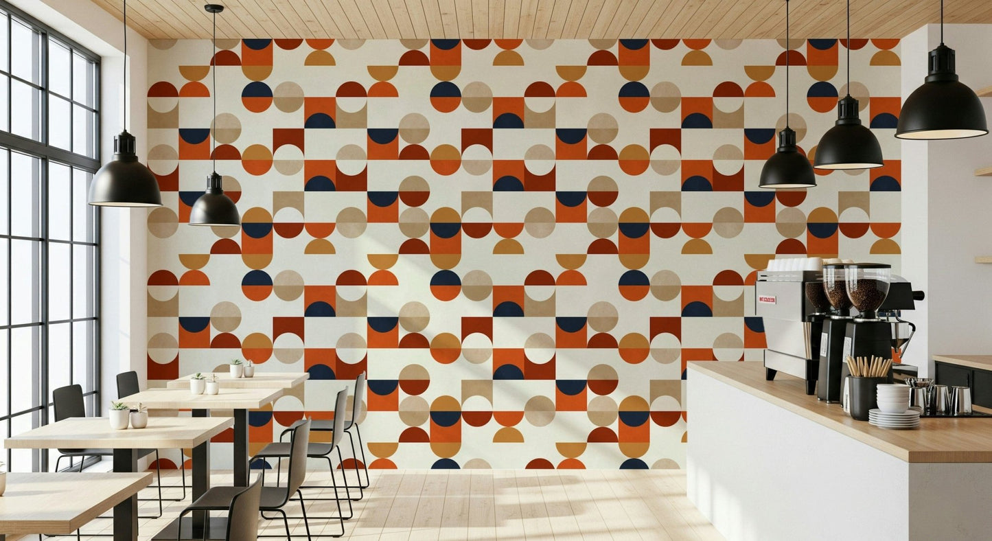 Retro circle tile wallpaper in terracotta and cream