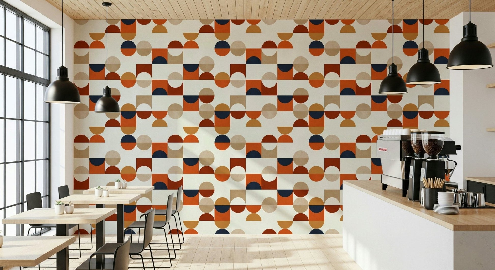 Retro circle tile wallpaper in terracotta and cream