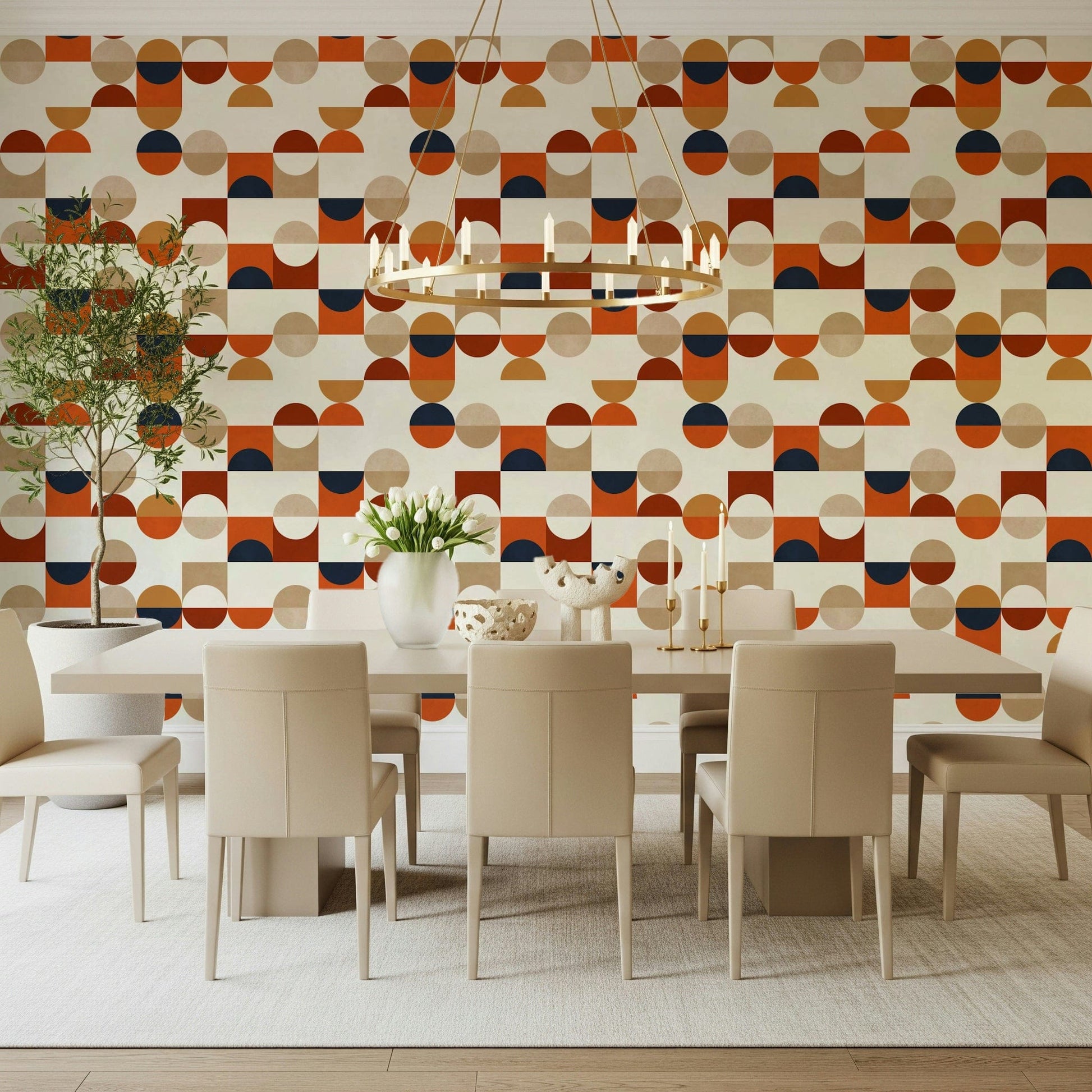 Warm neutral geometric wallpaper with tile pattern
