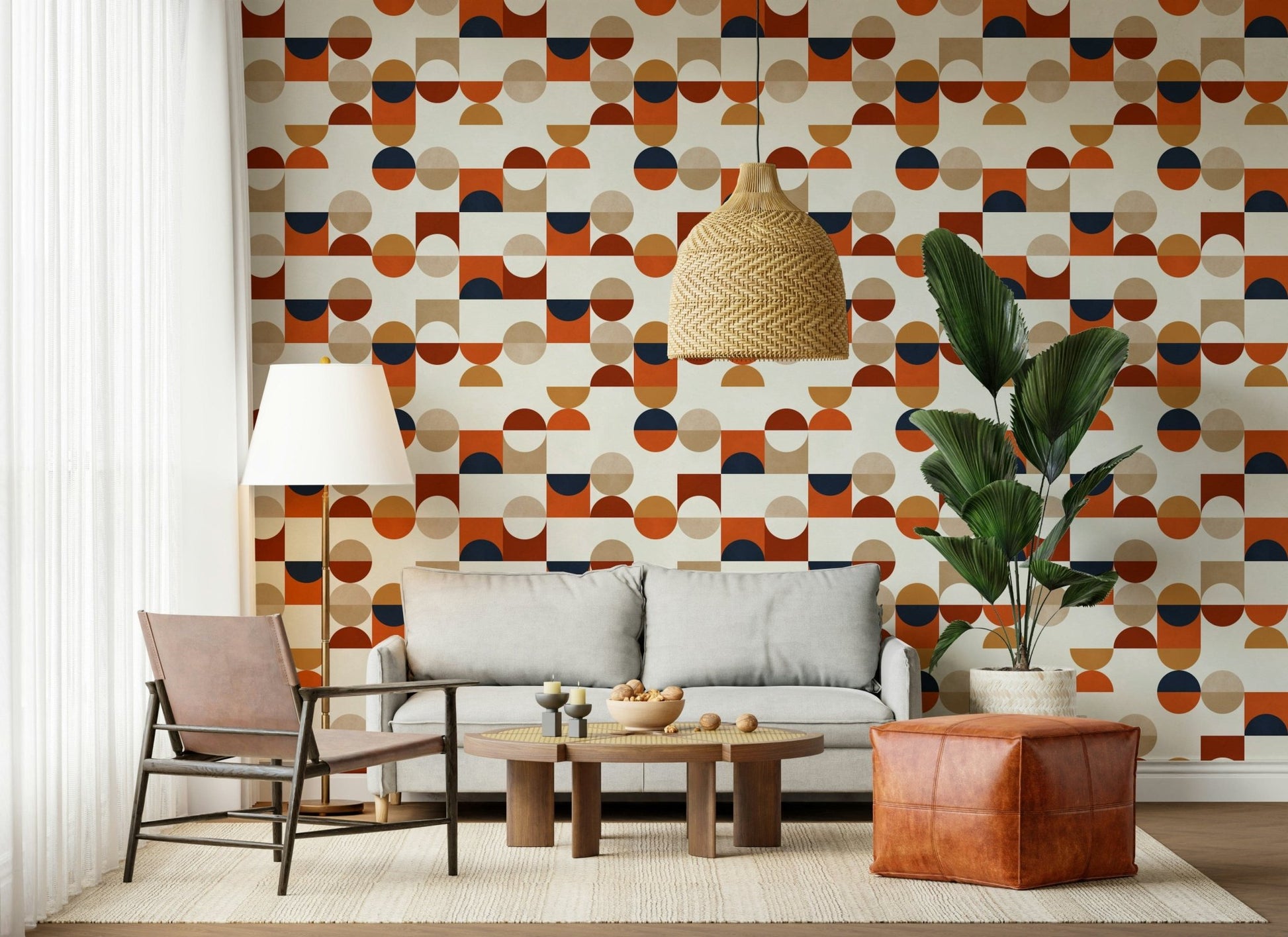 Vintage inspired tile wallpaper in burnt orange tones