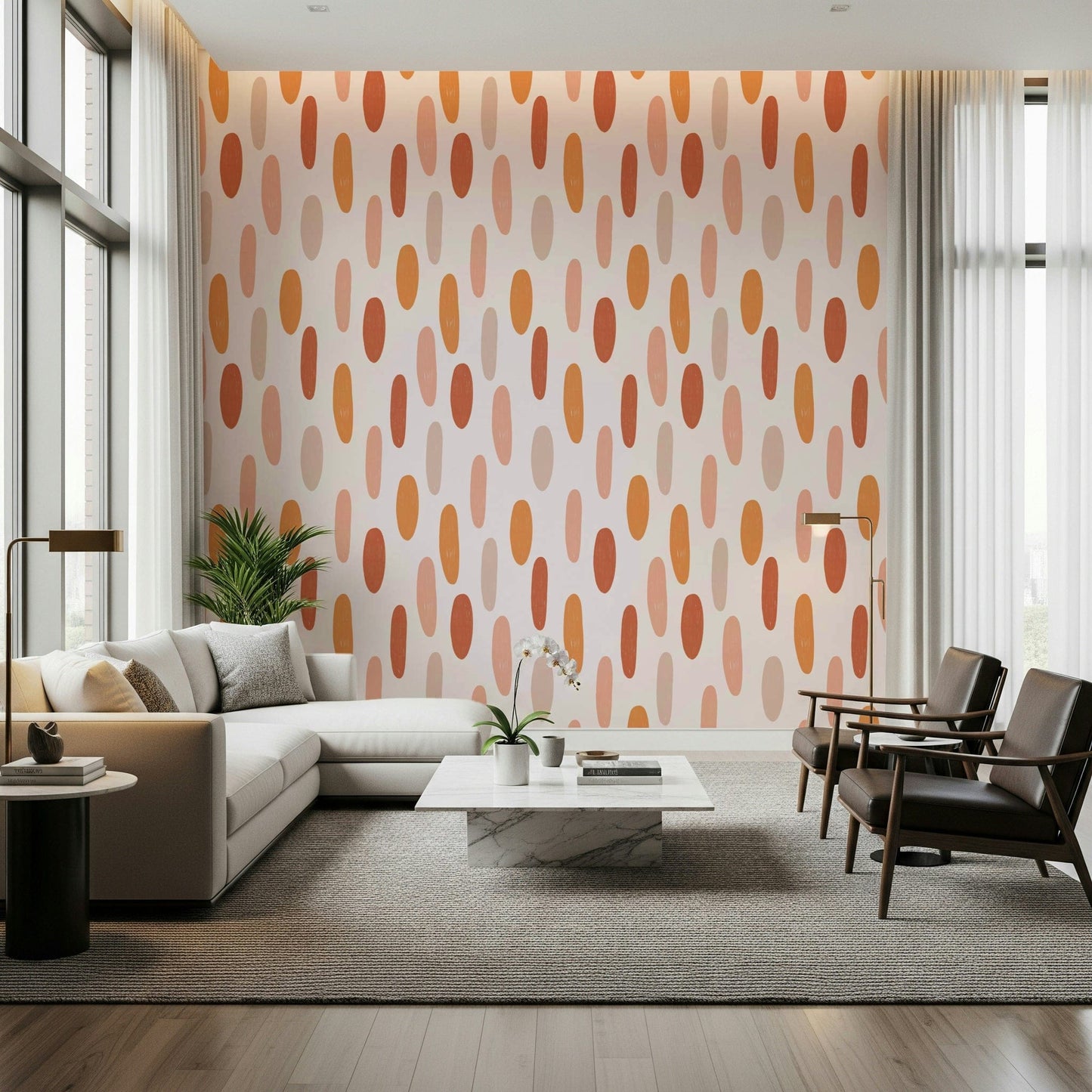 Warm terracotta and peach shapes creating a simple yet stylish patterned wallpaper.