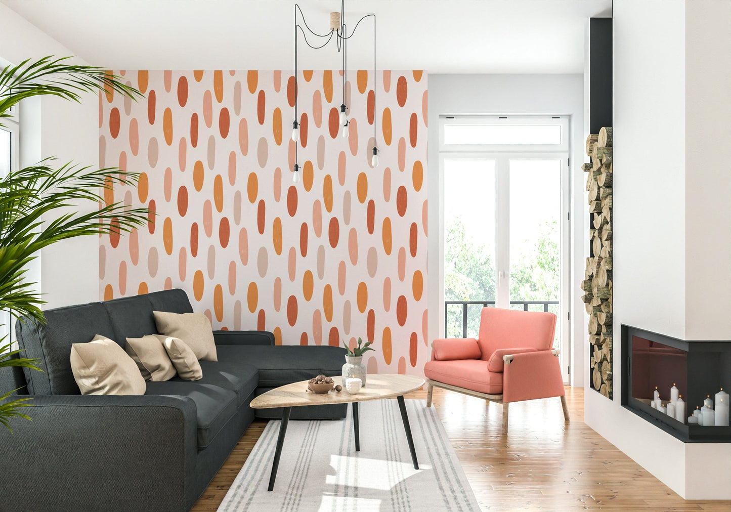 A warm-toned wallpaper with simple terracotta and blush oval patterns for a cozy boho look.