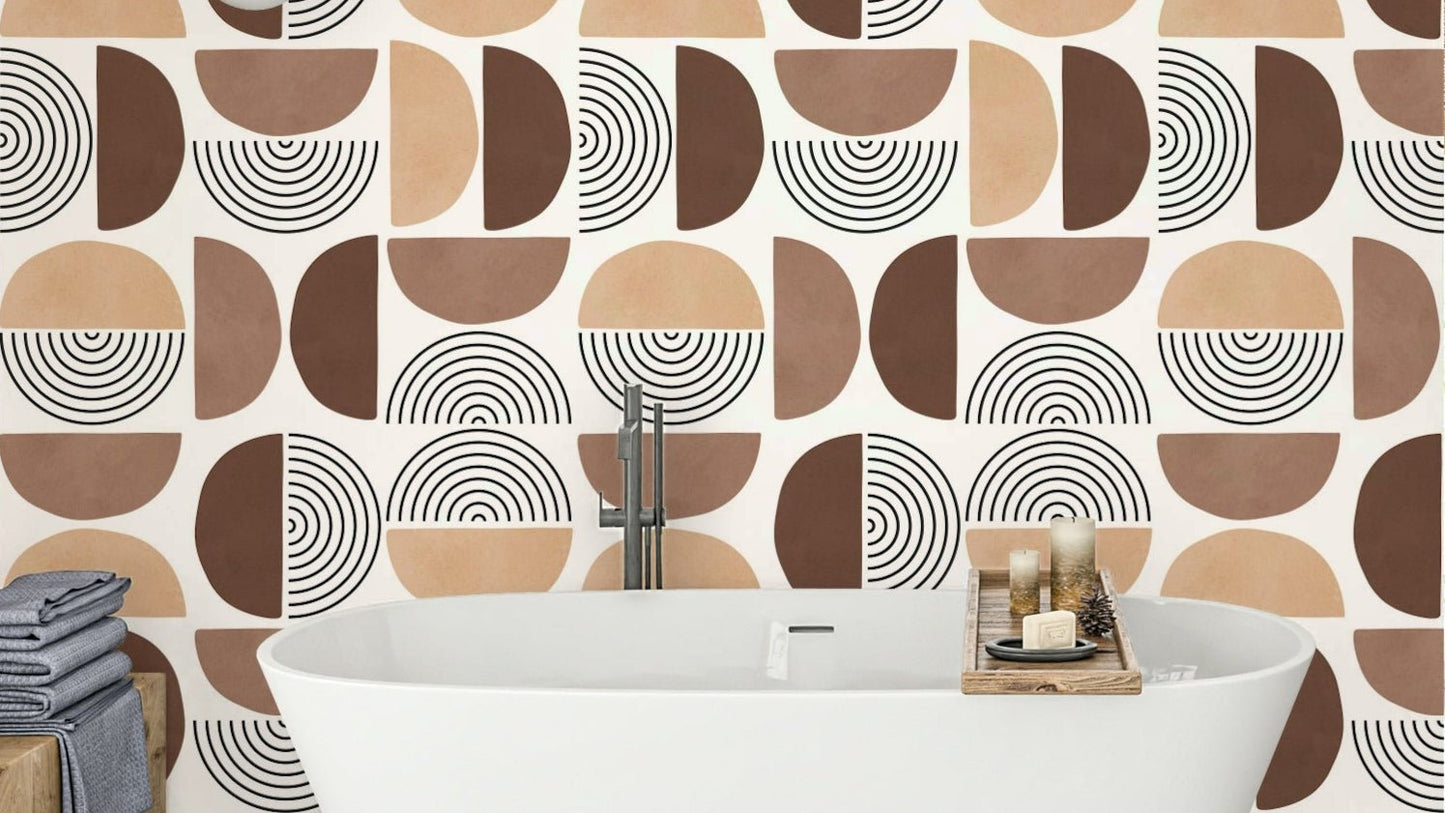 The colors are warm, earthy tones, including terra cotta and rust.

