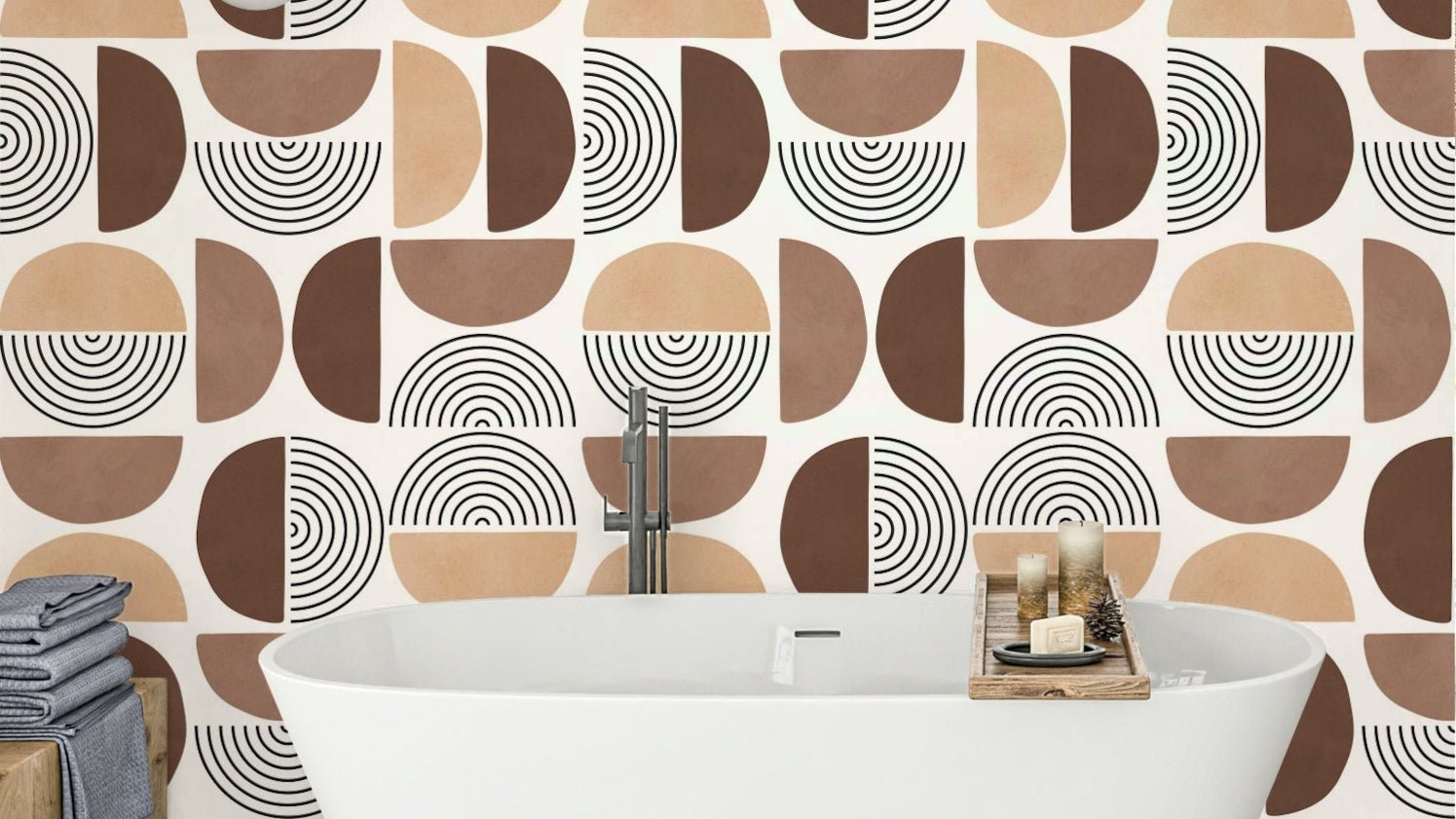 The colors are warm, earthy tones, including terra cotta and rust.

