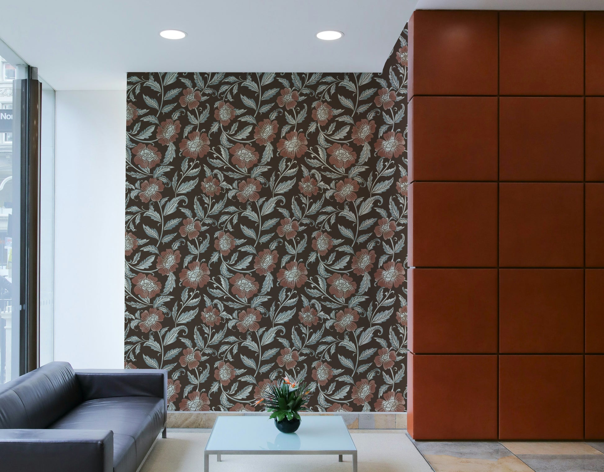 Earthy wall design with blossom illustrations

