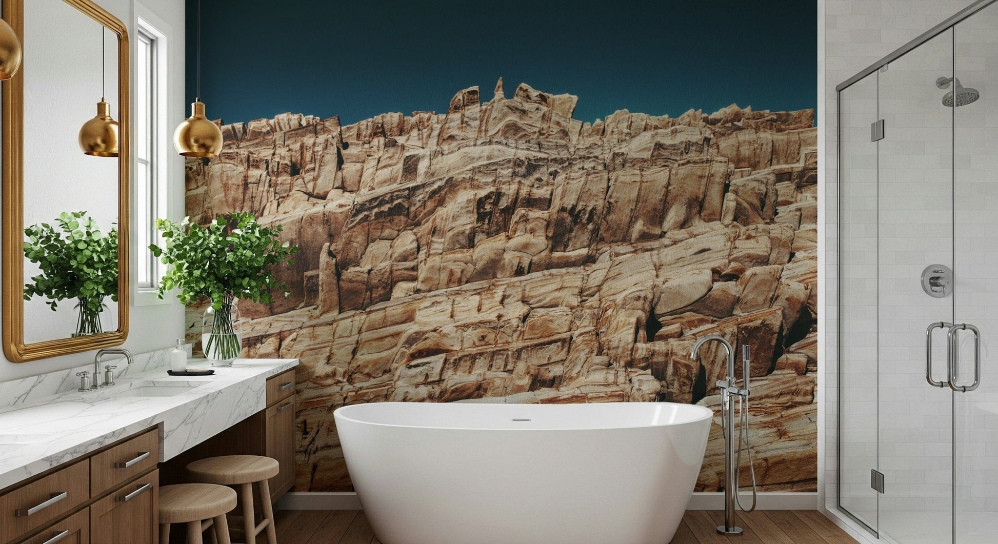 Dramatic cliff wall mural in deep terracotta and muted earth tones for accent walls in living spaces.