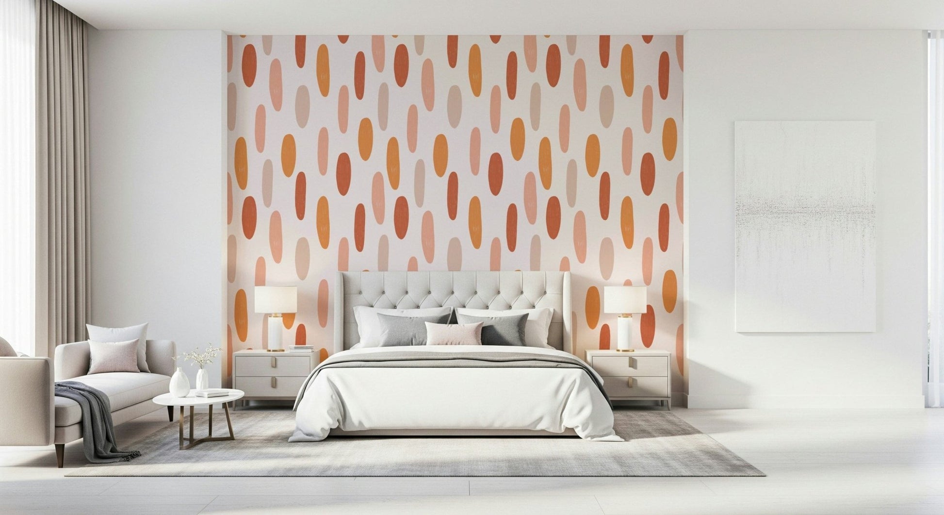 A repeating pattern of hand-painted terracotta ovals giving the wallpaper a soft, artisanal feel.