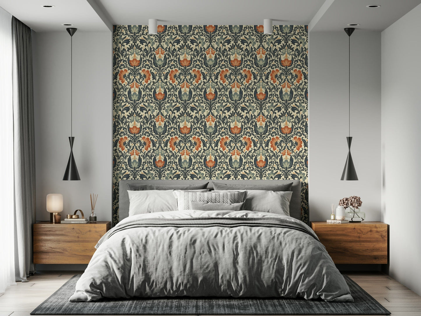 Classic ornamental wall mural, dense foliage pattern, vibrant flower shapes.