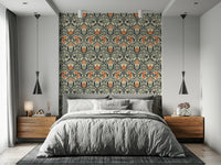 Classic ornamental wall mural, dense foliage pattern, vibrant flower shapes.
